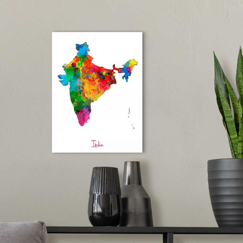 A modern room featuring Watercolor art map of the country India against a white background.