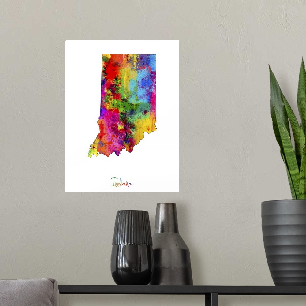 A modern room featuring Contemporary artwork of a map of Indiana made of colorful paint splashes.