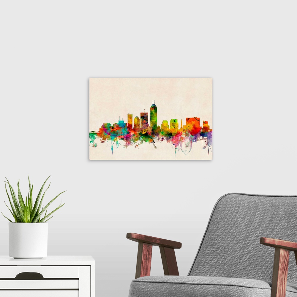 A modern room featuring Indianapolis Indiana Skyline
