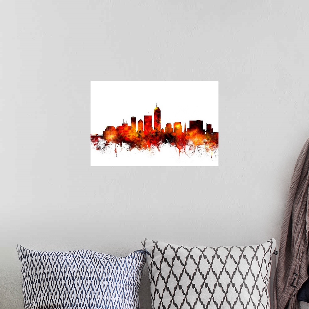 A bohemian room featuring Contemporary piece of artwork of the Indianapolis skyline made of colorful paint splashes.