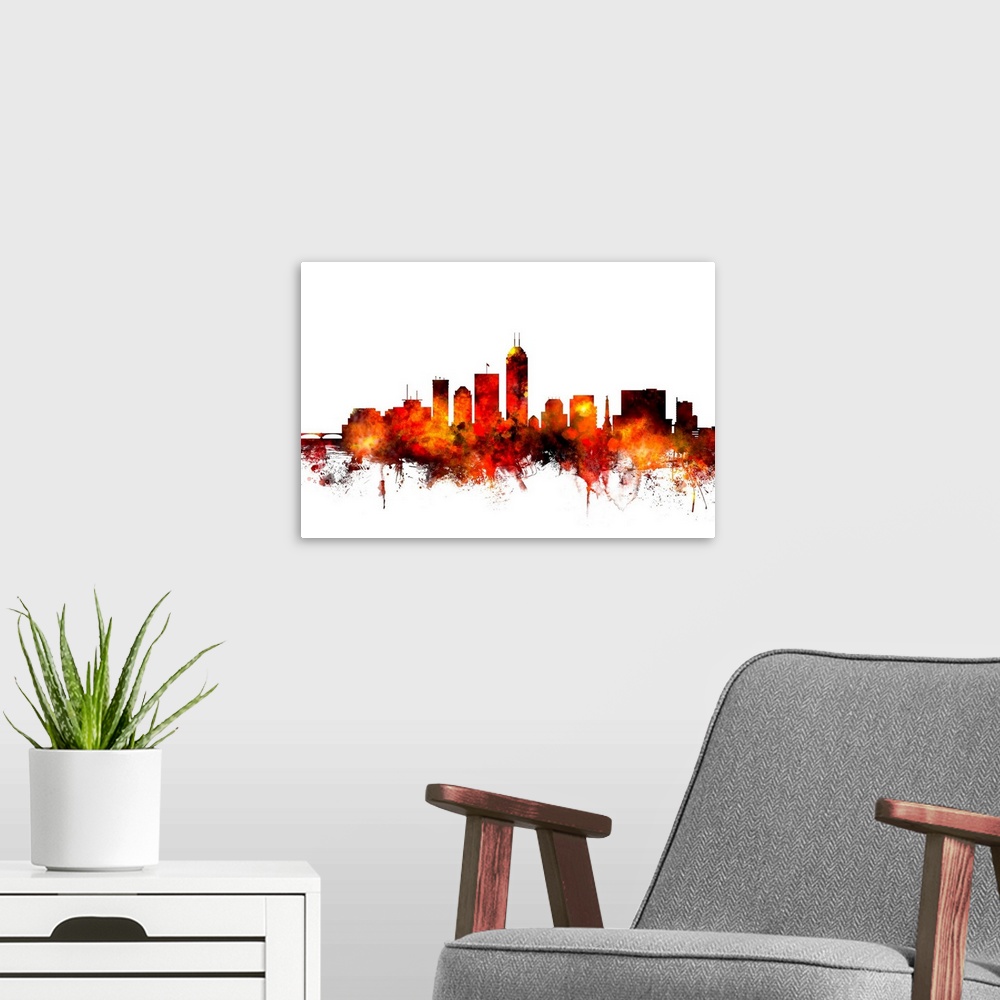 A modern room featuring Contemporary piece of artwork of the Indianapolis skyline made of colorful paint splashes.