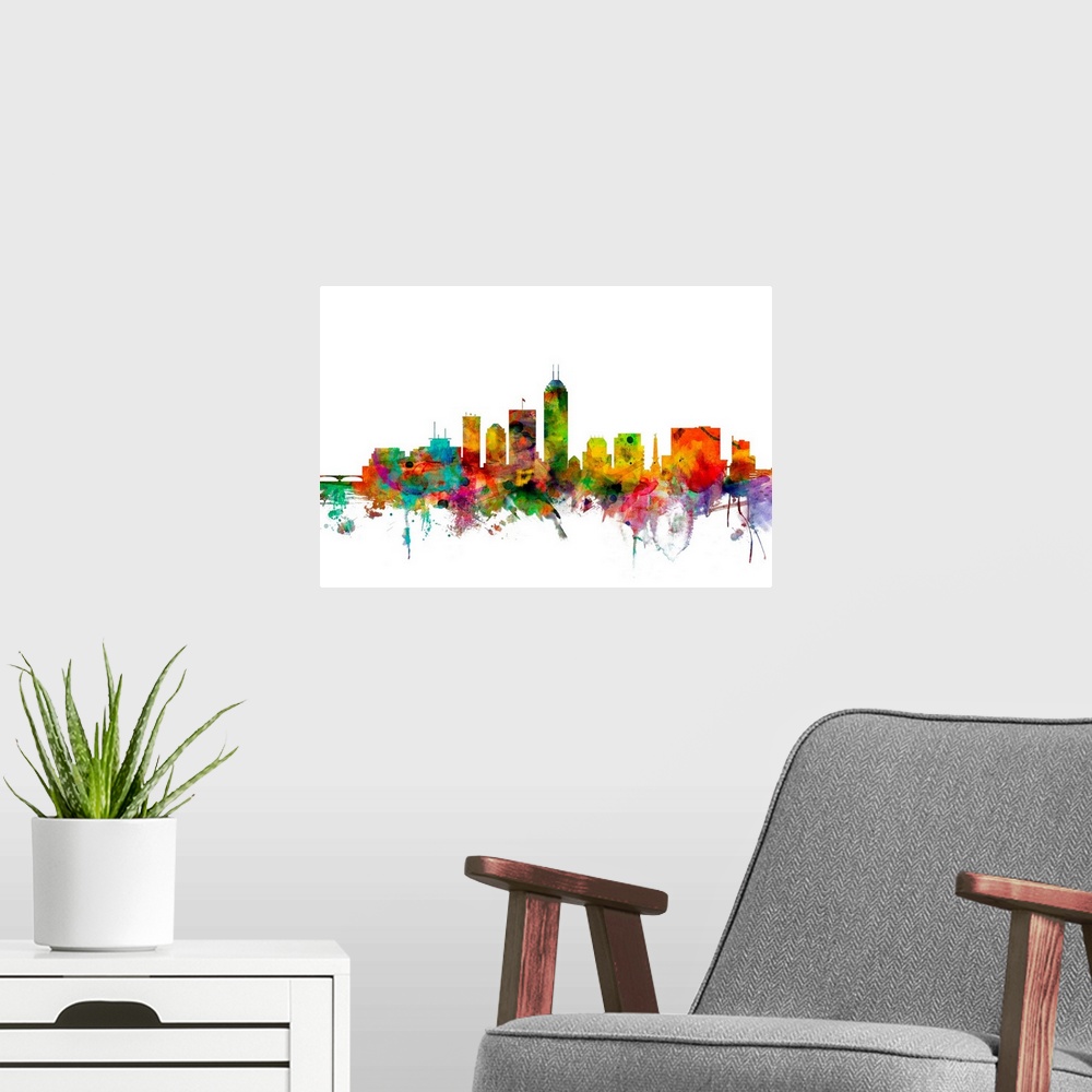 A modern room featuring Watercolor artwork of the Indianapolis skyline against a white background.