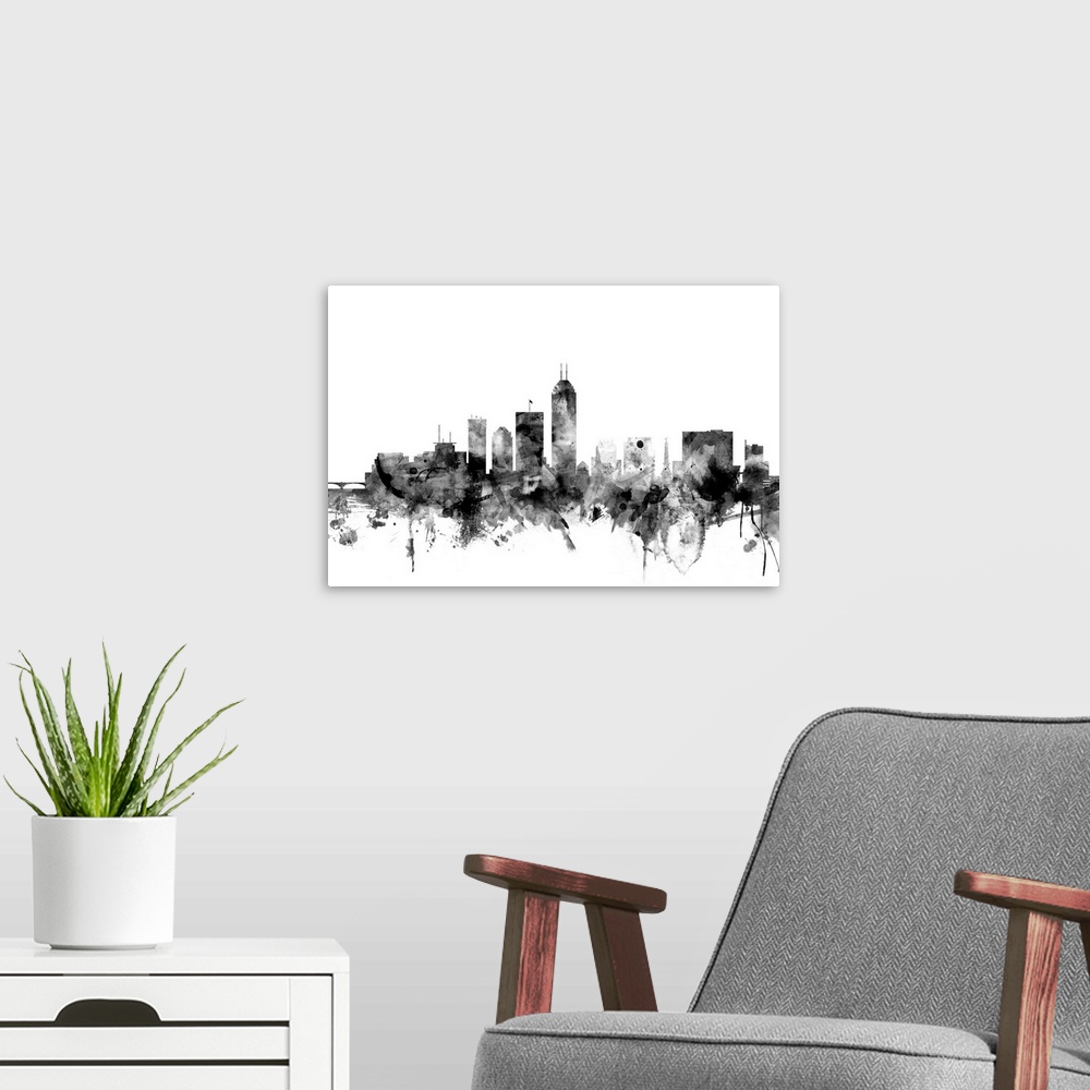 A modern room featuring Contemporary artwork of the Indianapolis city skyline in black watercolor paint splashes.