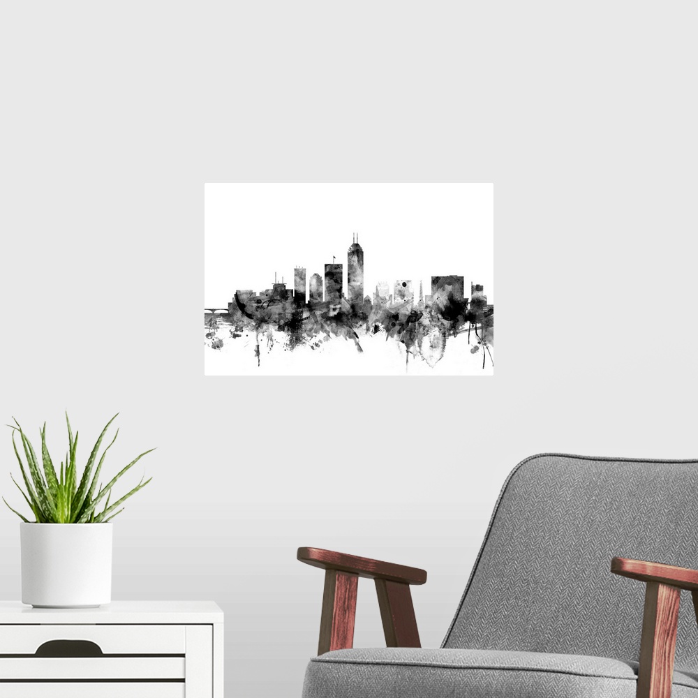 A modern room featuring Contemporary artwork of the Indianapolis city skyline in black watercolor paint splashes.