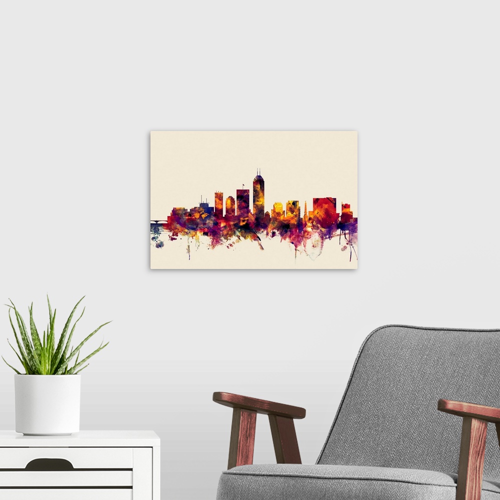 A modern room featuring Contemporary artwork of the Indianapolis city skyline in watercolor paint splashes.