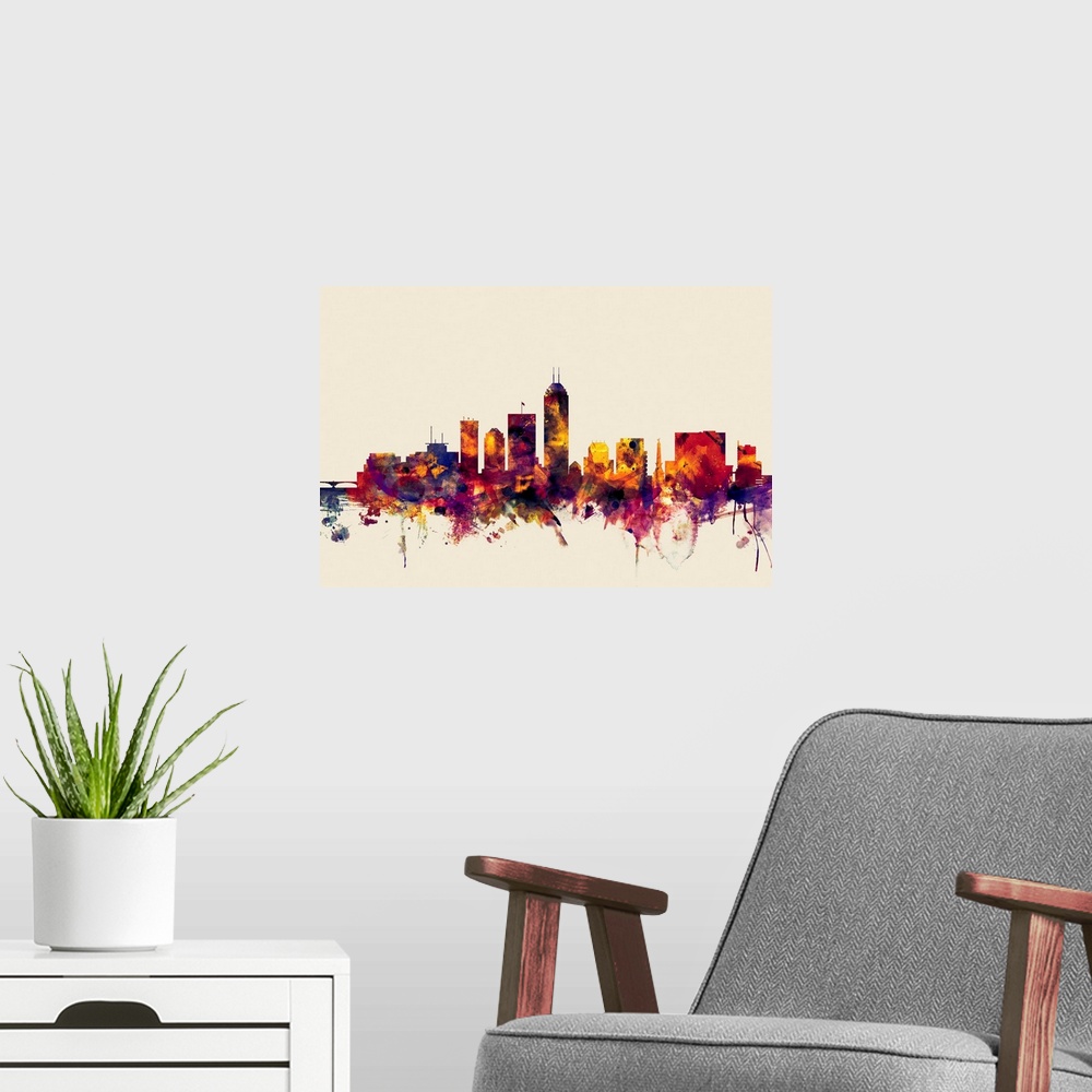 A modern room featuring Contemporary artwork of the Indianapolis city skyline in watercolor paint splashes.