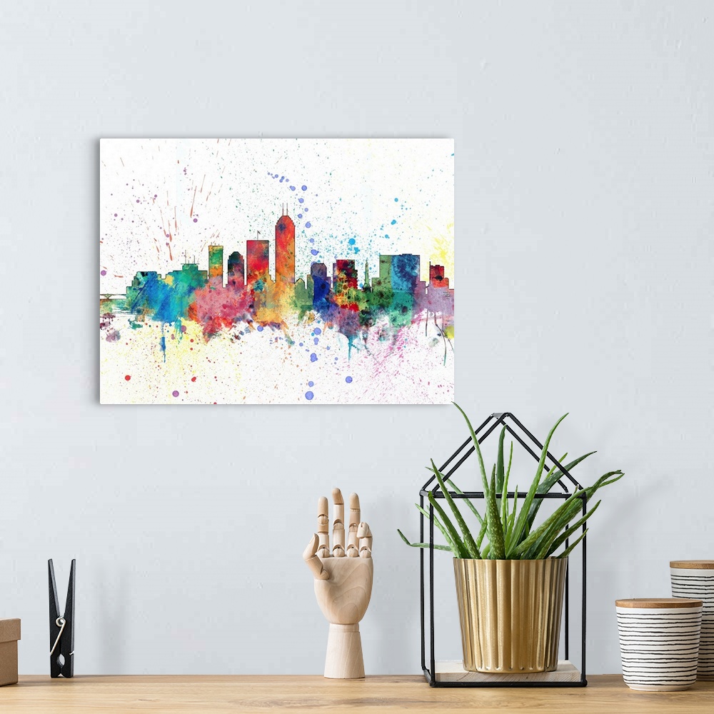 A bohemian room featuring Watercolor art print of the skyline of Indianapolis, Indiana, United States