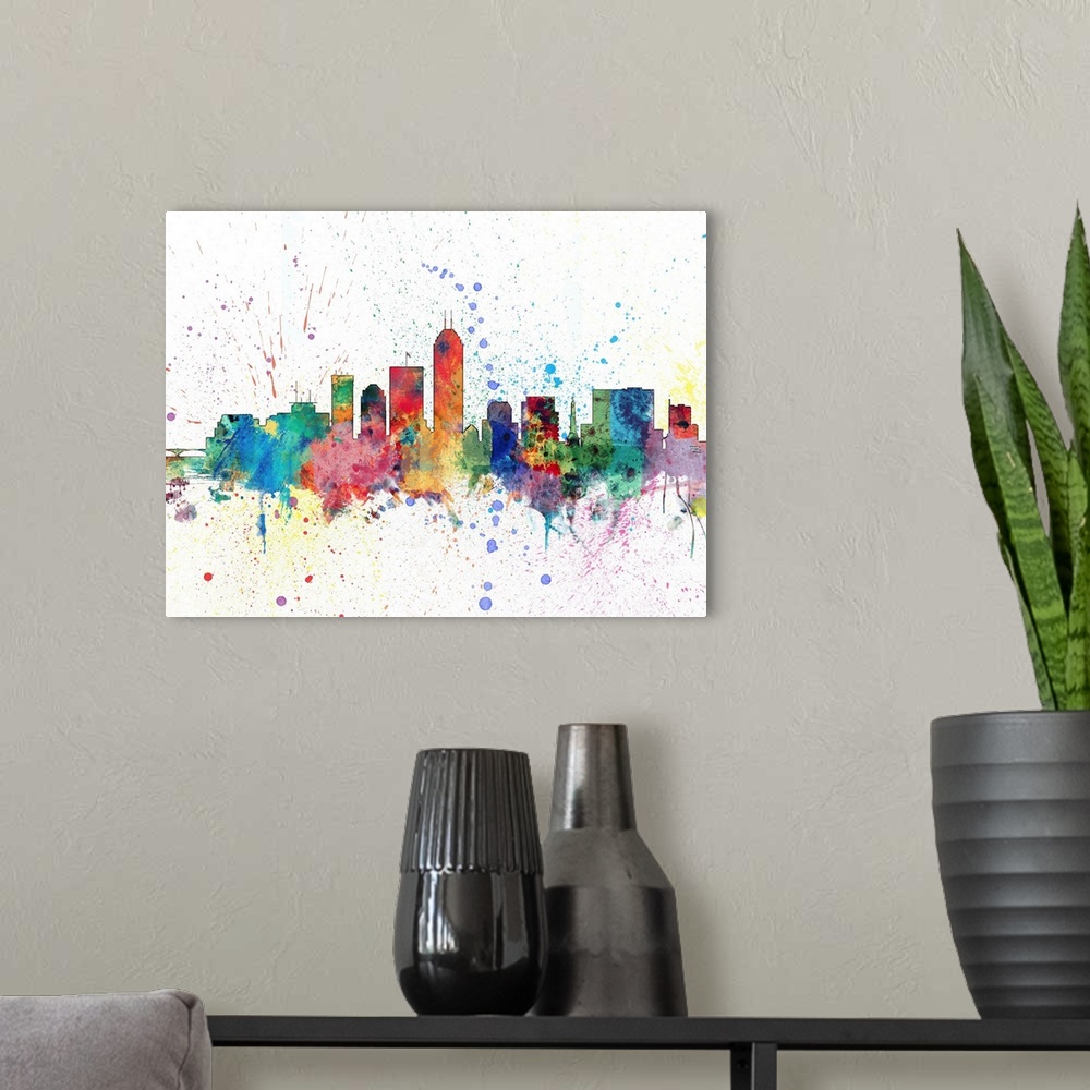A modern room featuring Watercolor art print of the skyline of Indianapolis, Indiana, United States