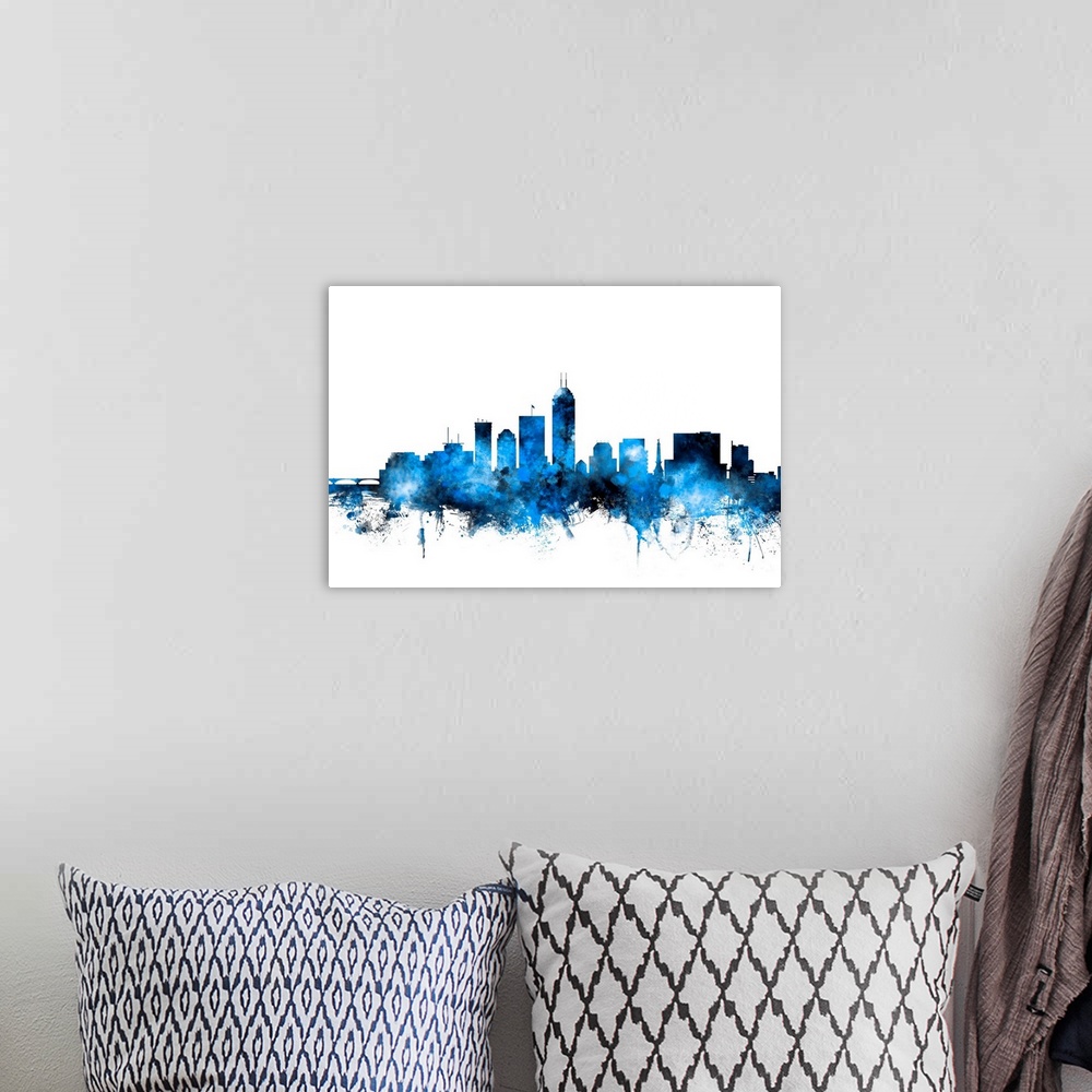 A bohemian room featuring Art print of the skyline of Indianapolis, Indiana, United States.