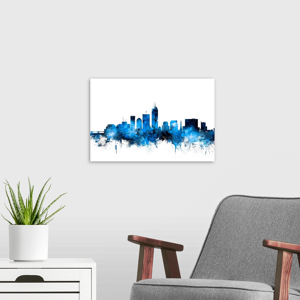 A modern room featuring Art print of the skyline of Indianapolis, Indiana, United States.