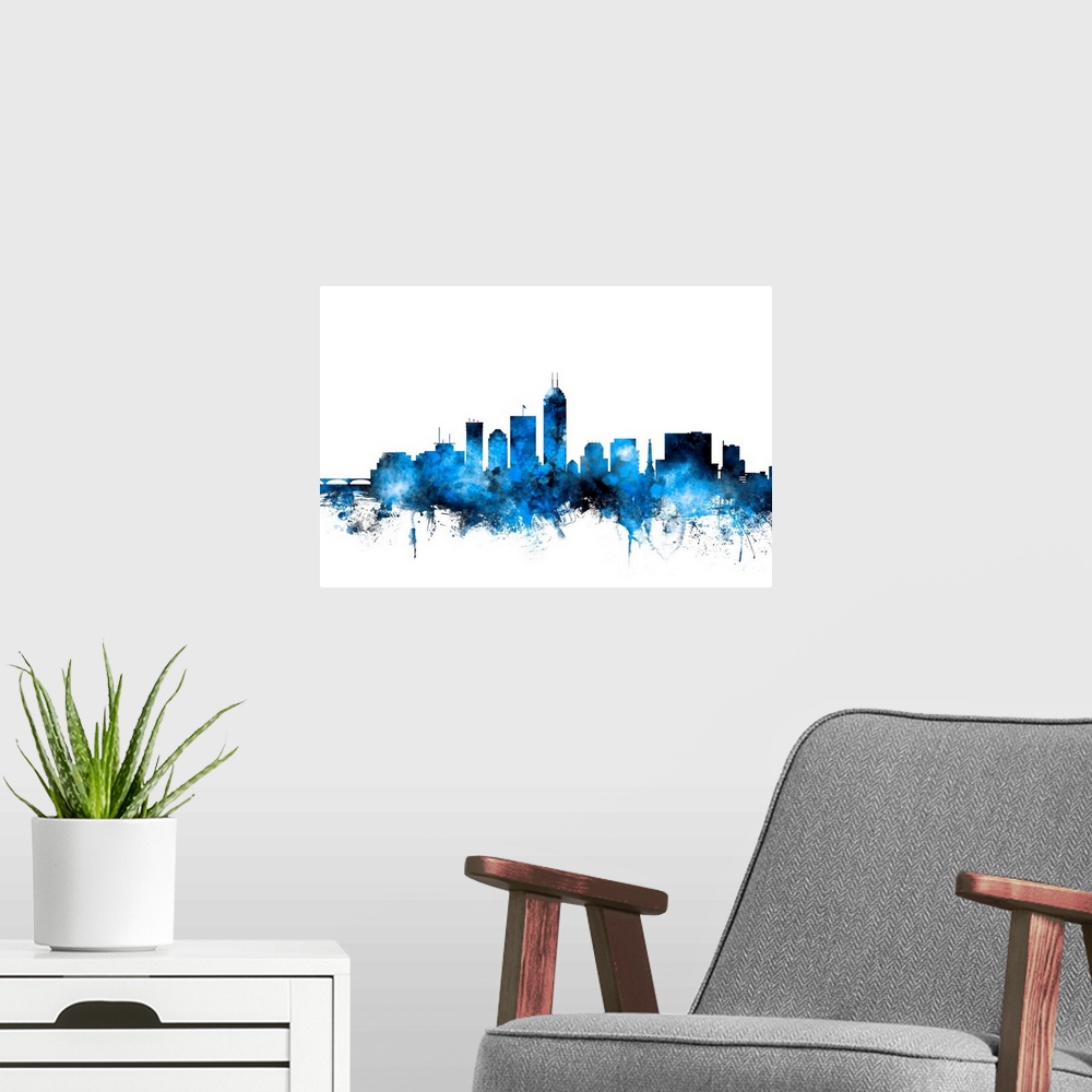 A modern room featuring Art print of the skyline of Indianapolis, Indiana, United States.