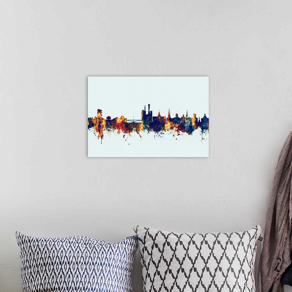 A bohemian room featuring Watercolor art print of the skyline of Iowa City, Iowa, United States