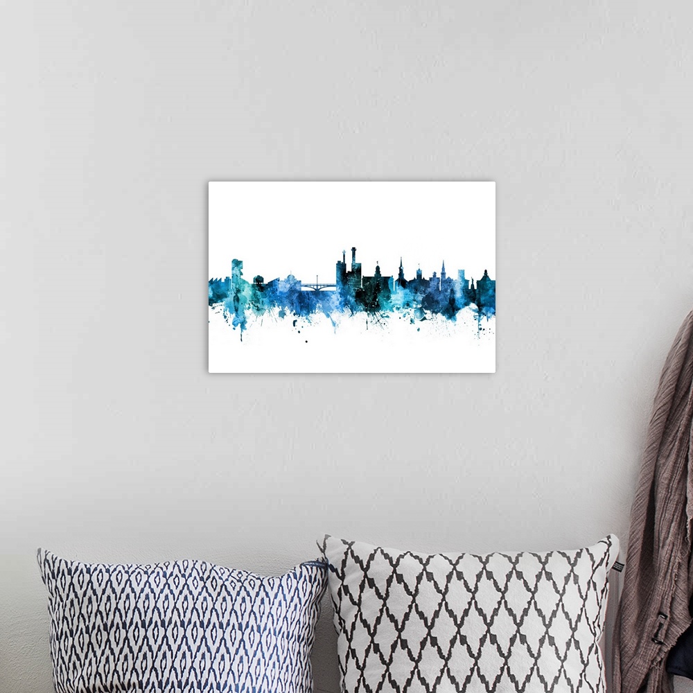 A bohemian room featuring Watercolor art print of the skyline of Iowa City, Iowa, United States.