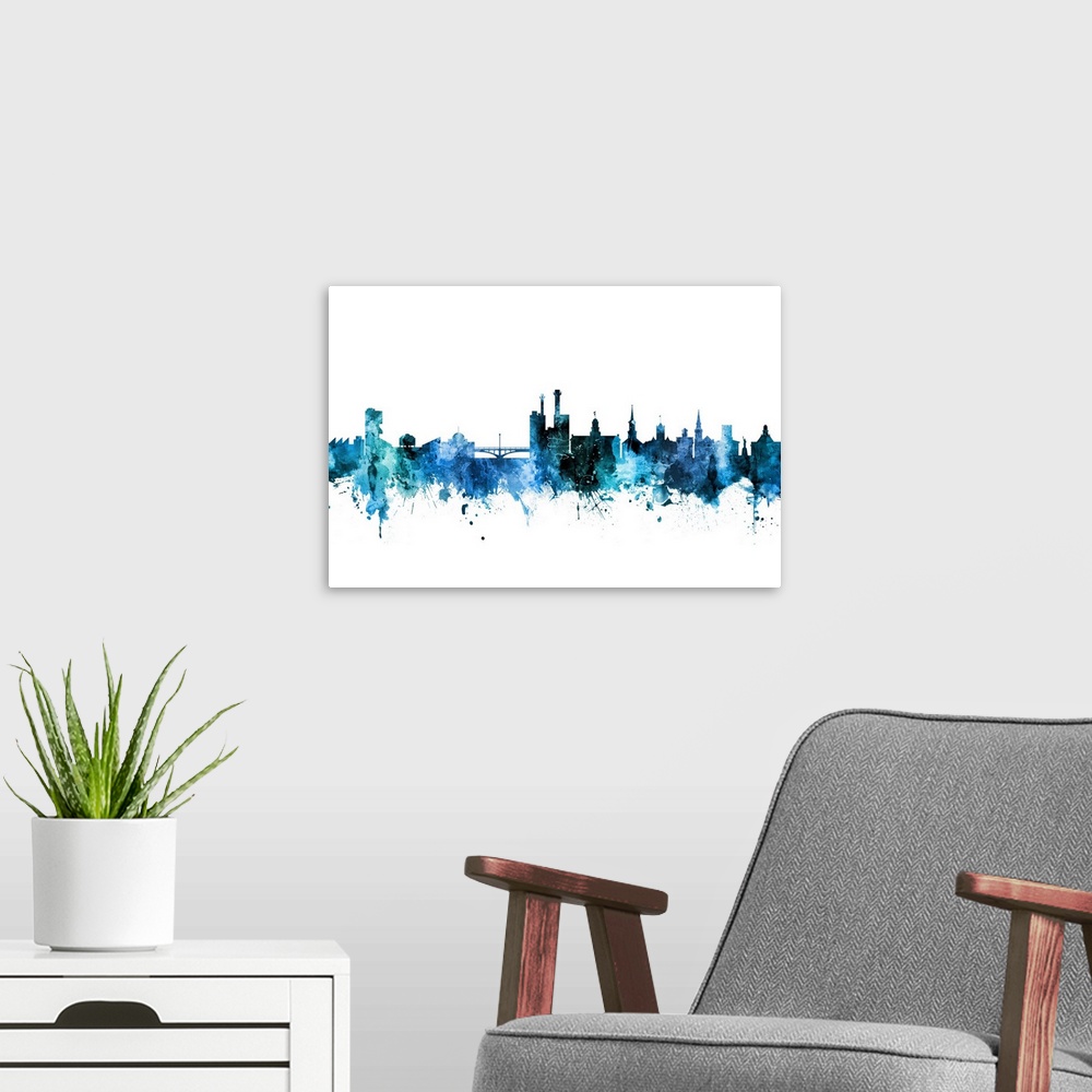 A modern room featuring Watercolor art print of the skyline of Iowa City, Iowa, United States.