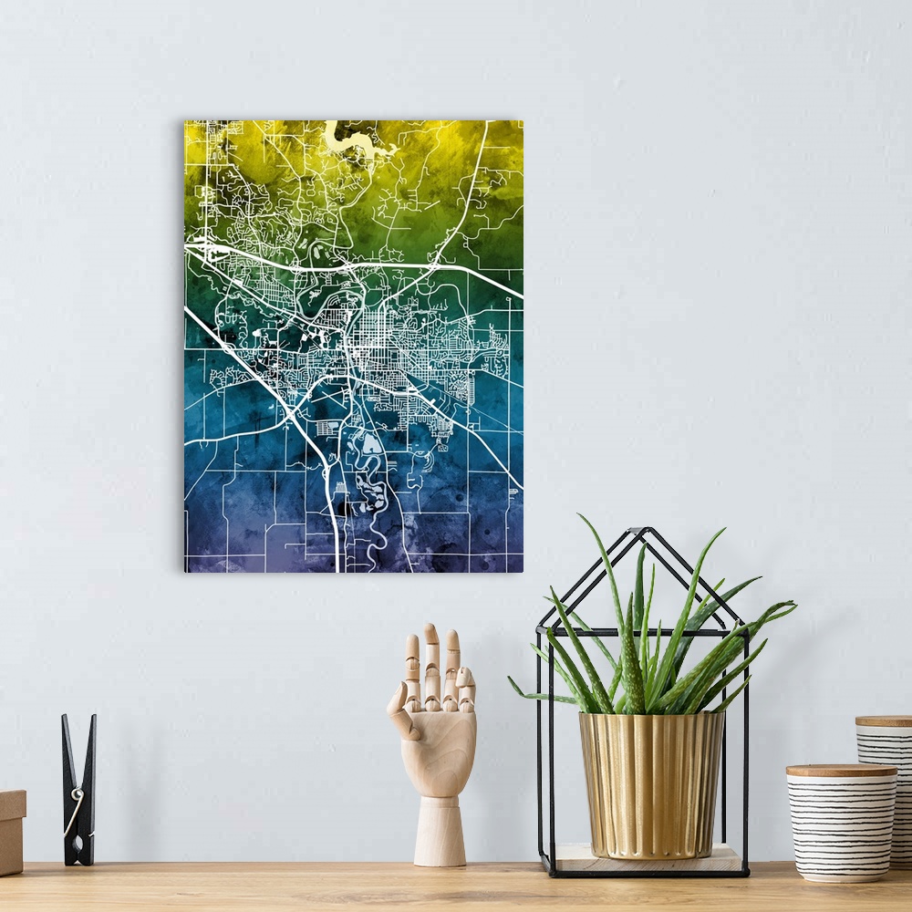 A bohemian room featuring Watercolor street map of Iowa City, Iowa, United States.