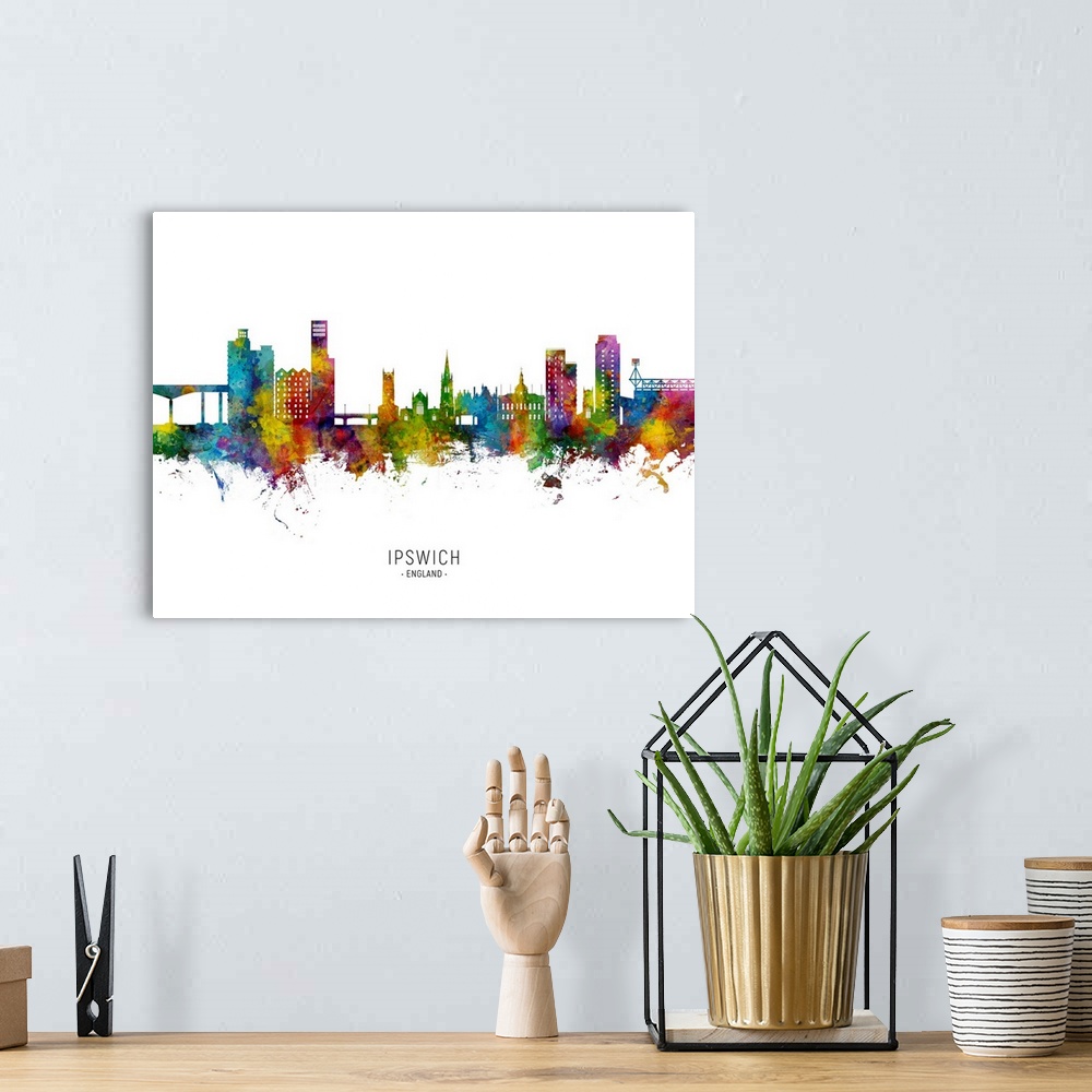 A bohemian room featuring Watercolor art print of the skyline of Ipswich, England, United Kingdom