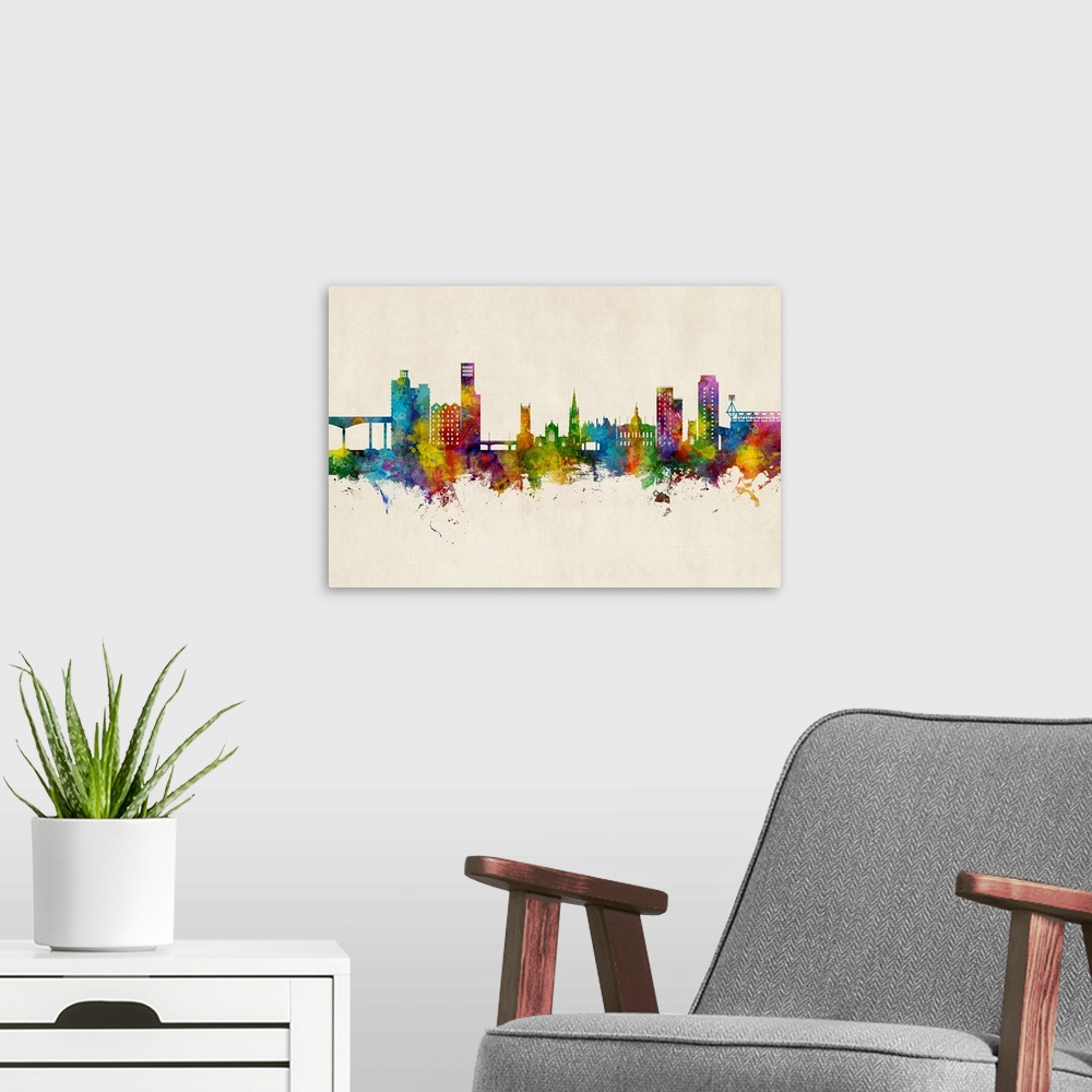 A modern room featuring Watercolor art print of the skyline of Ipswich, England, United Kingdom