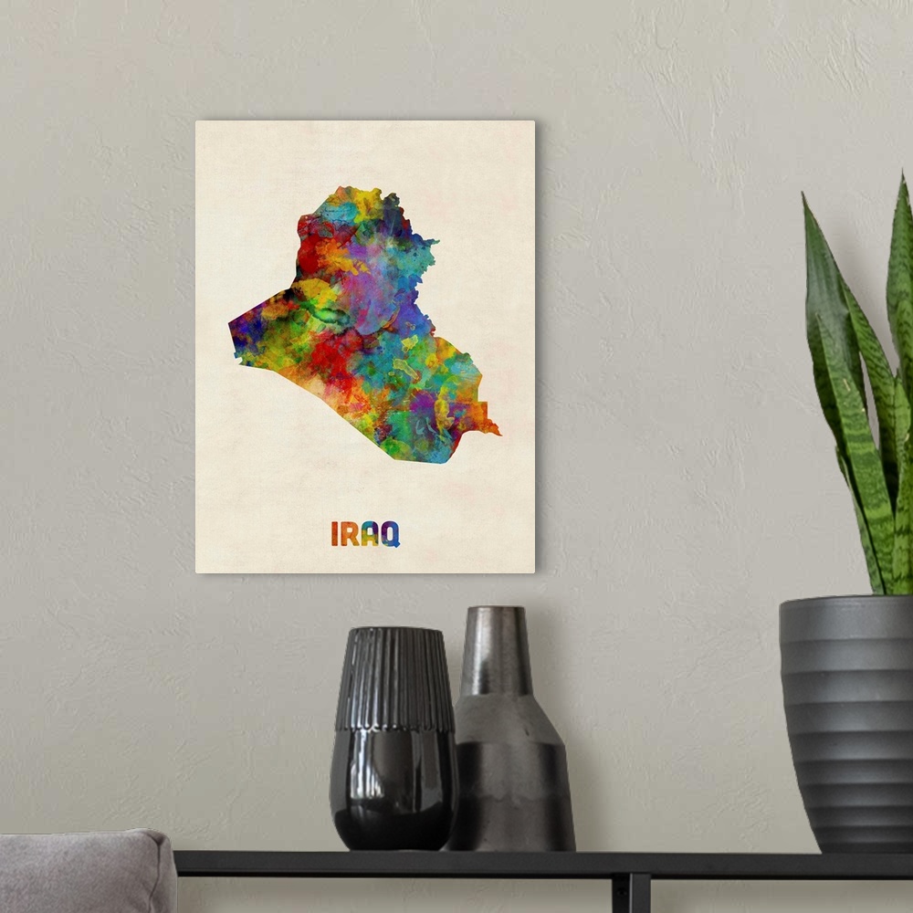A modern room featuring A watercolor map of Iraq