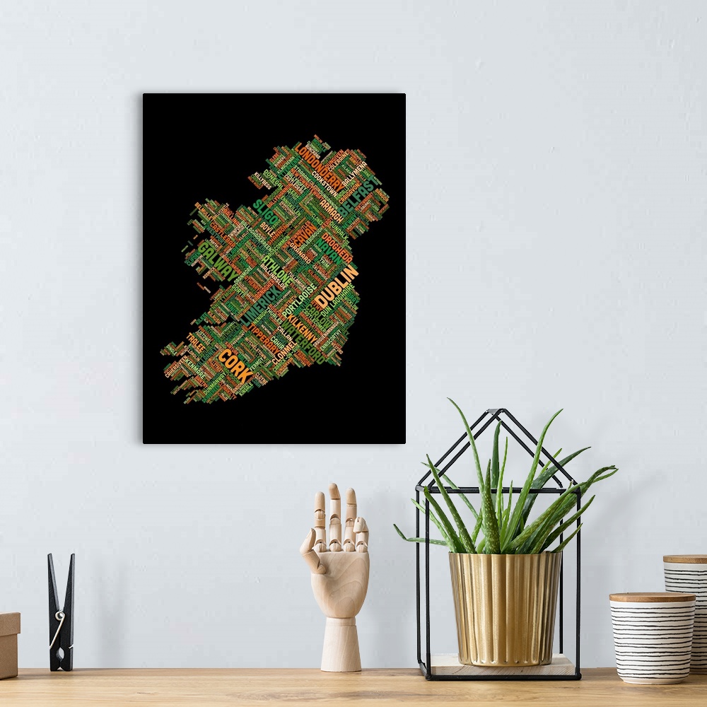 A bohemian room featuring Contemporary colorful typography artwork of Eire City in Ireland.
