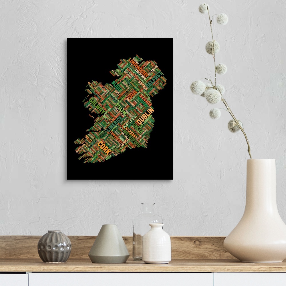 A farmhouse room featuring Contemporary colorful typography artwork of Eire City in Ireland.