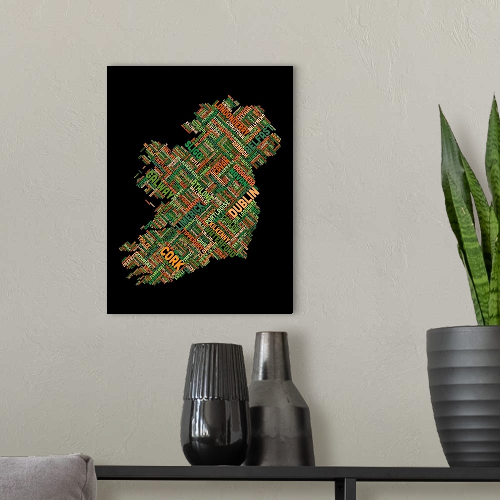 A modern room featuring Contemporary colorful typography artwork of Eire City in Ireland.