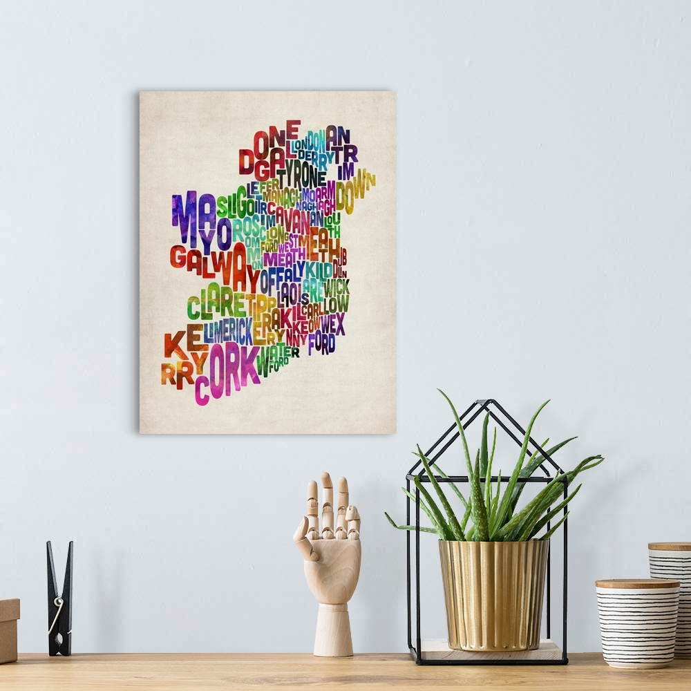 A bohemian room featuring Ireland Eire County Text Map, Colorful