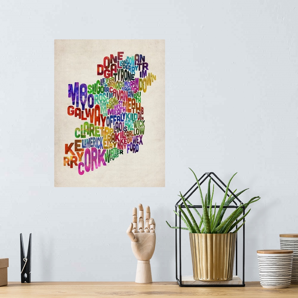 A bohemian room featuring Ireland Eire County Text Map, Colorful