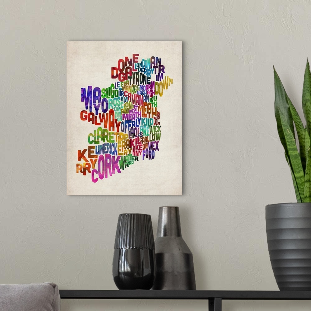 A modern room featuring Ireland Eire County Text Map, Colorful