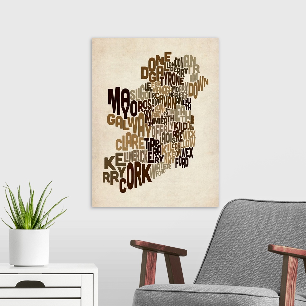 A modern room featuring Ireland Eire County Text Map, Earth Tones