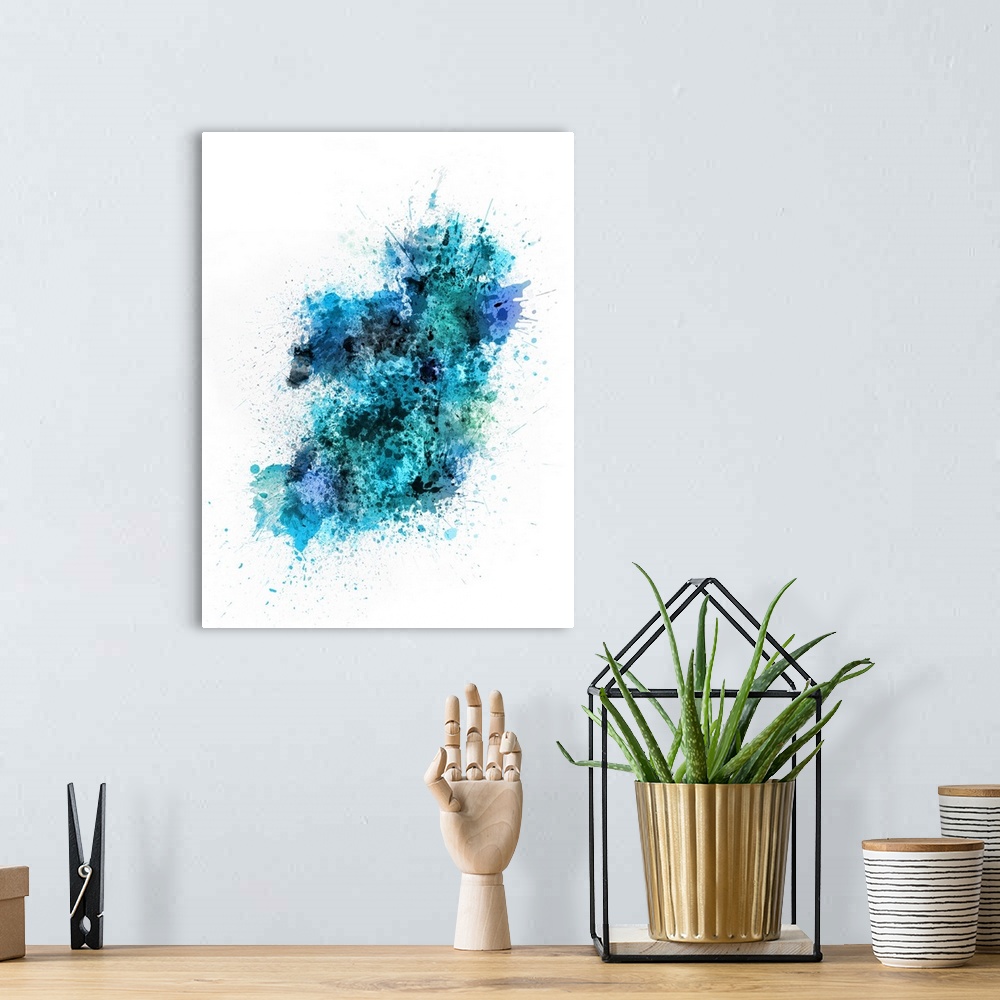 A bohemian room featuring Contemporary art map of Ireland made up of blue watercolor paint splashes.