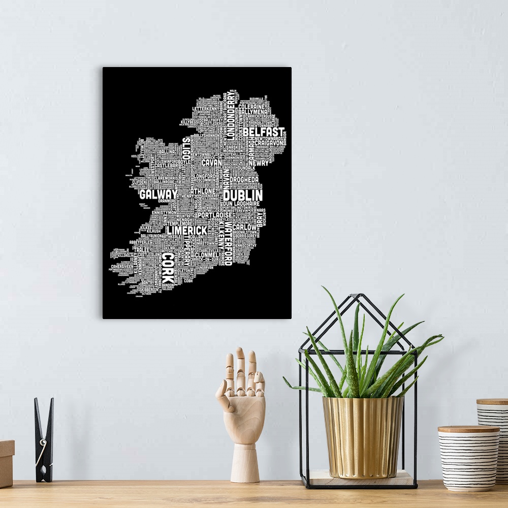 A bohemian room featuring Irish Cities Text Map, Black and White
