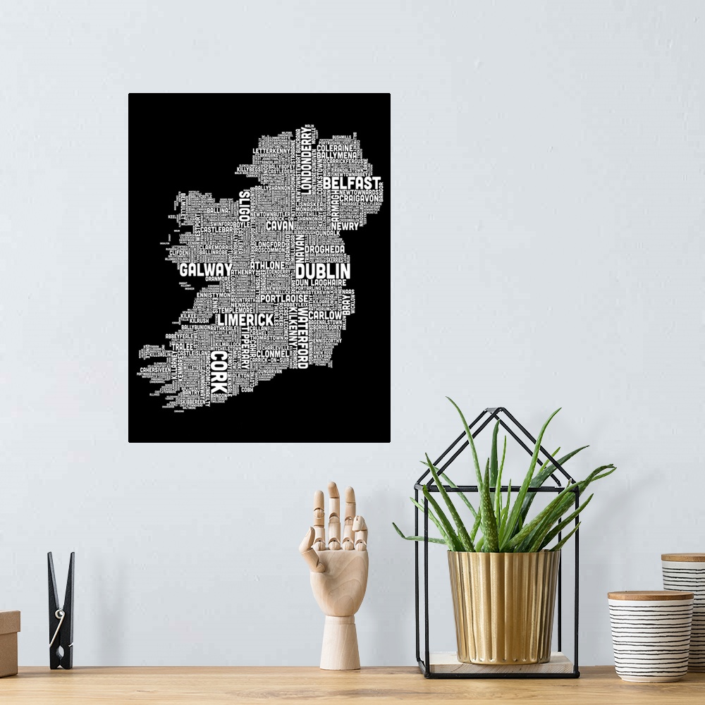 A bohemian room featuring Irish Cities Text Map, Black and White