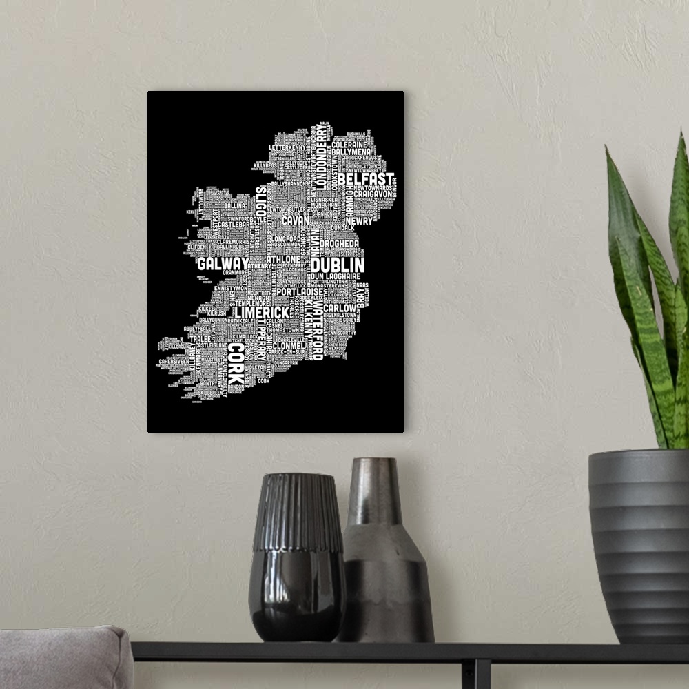 A modern room featuring Irish Cities Text Map, Black and White