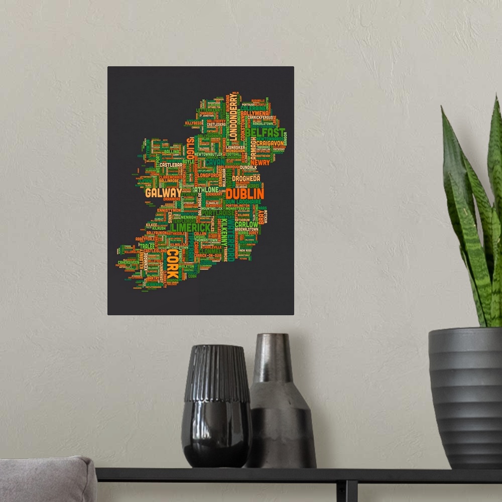 A modern room featuring Irish Cities Text Map, Irish Colors on Grey
