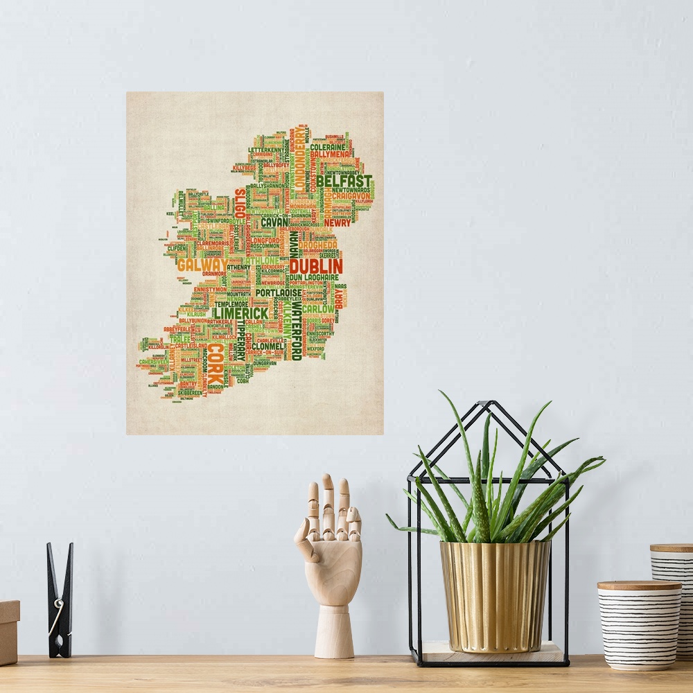 A bohemian room featuring Irish Cities Text Map, Irish Colors on Parchment