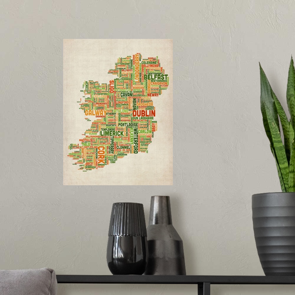 A modern room featuring Irish Cities Text Map, Irish Colors on Parchment
