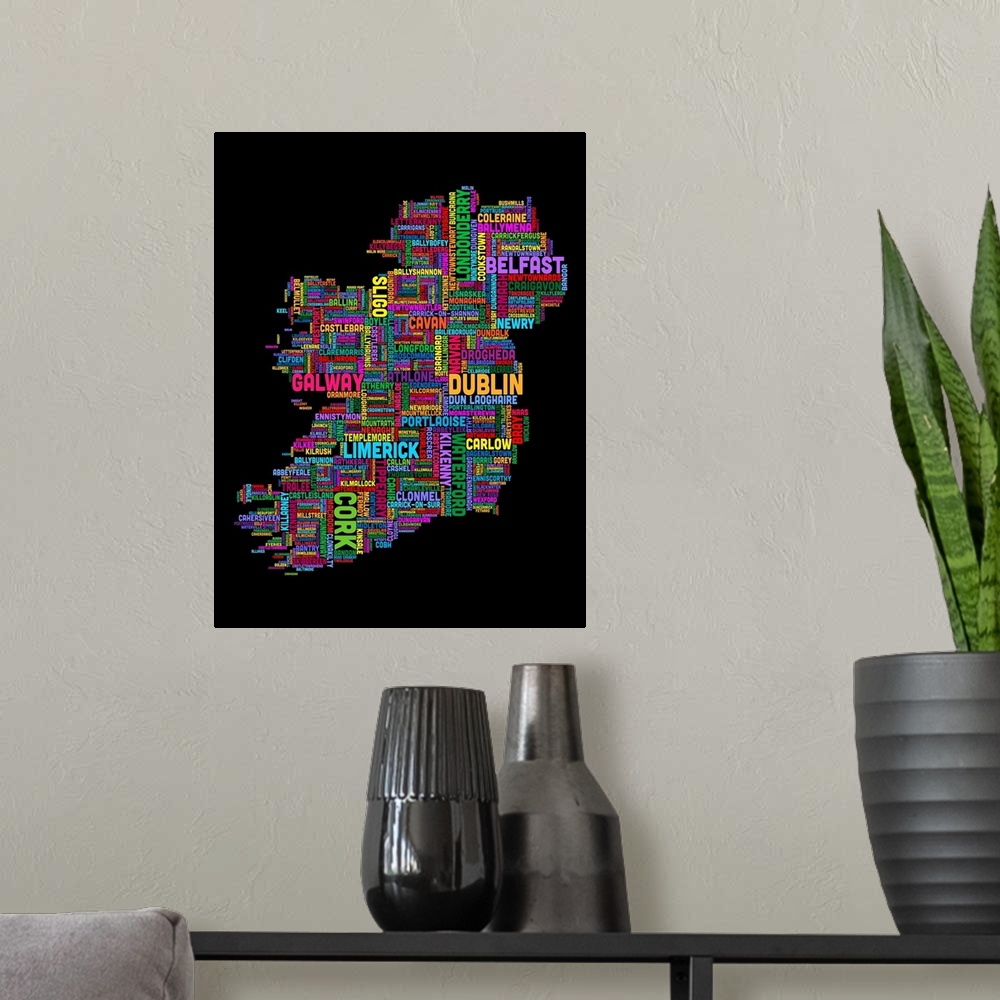 A modern room featuring Irish Cities Text Map, Multicolor on Black