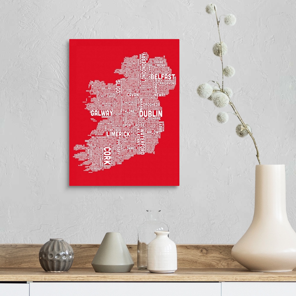 A farmhouse room featuring Irish Cities Text Map, Red