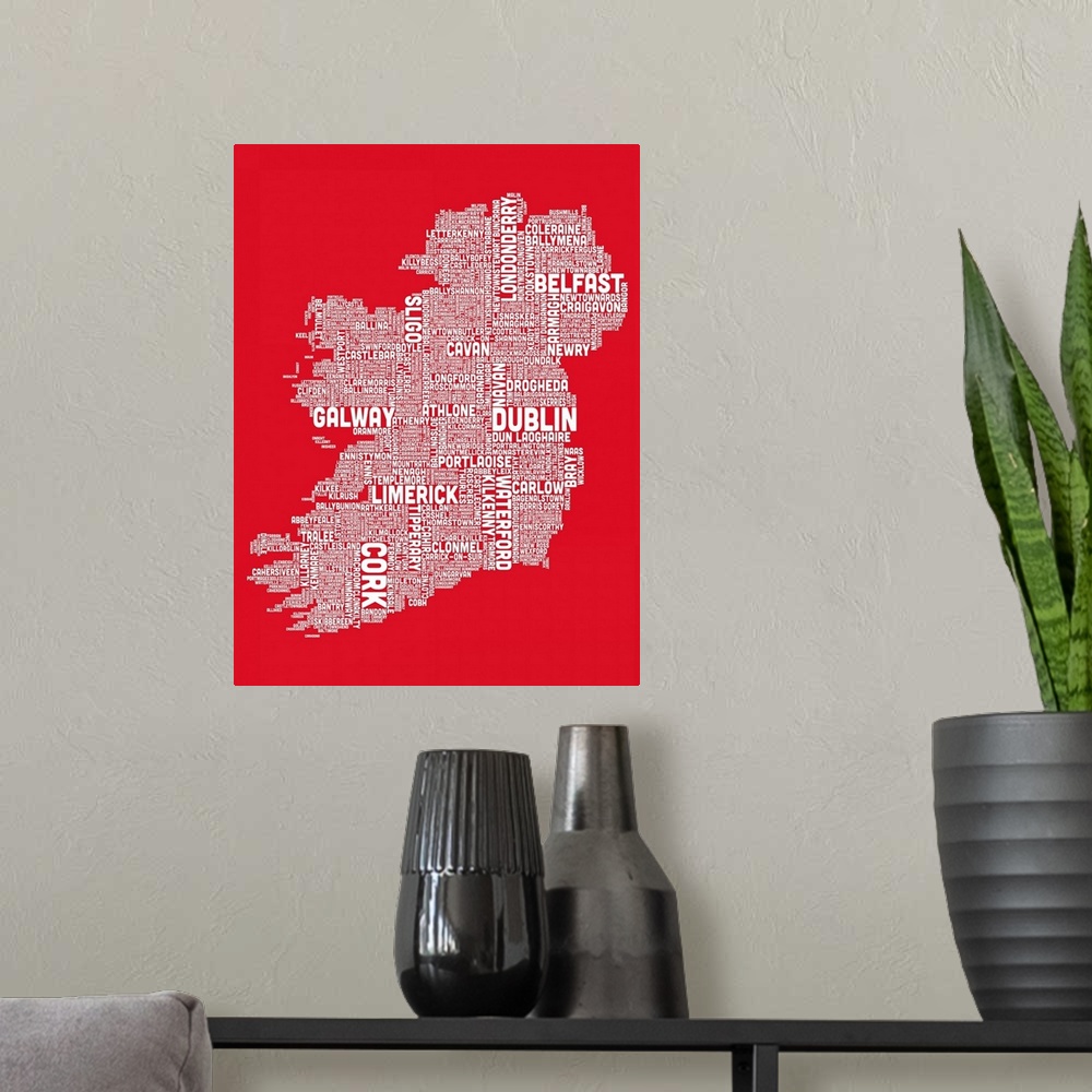 A modern room featuring Irish Cities Text Map, Red