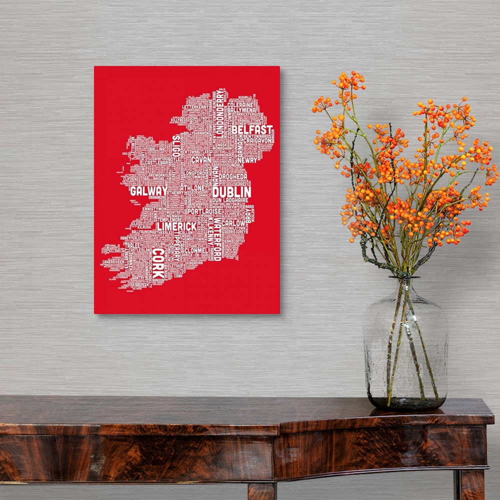 A traditional room featuring Irish Cities Text Map, Red