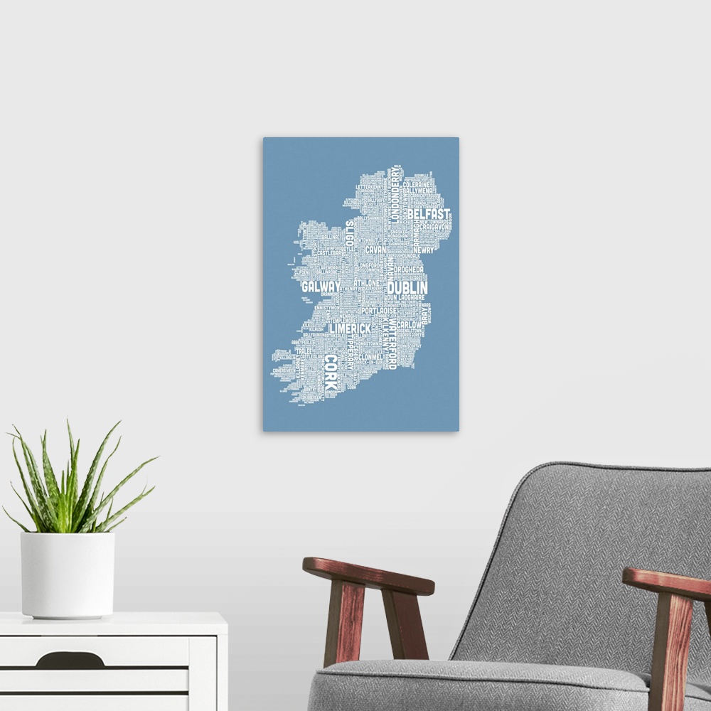 A modern room featuring Irish Cities Text Map, Steel