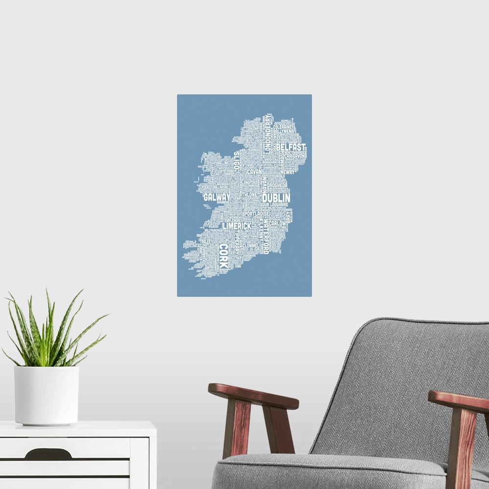 A modern room featuring Irish Cities Text Map, Steel