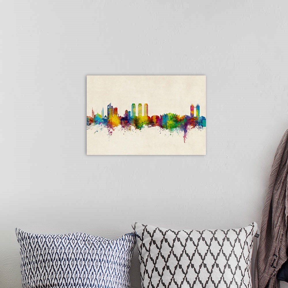 A bohemian room featuring Watercolor art print of the skyline of Islamabad, Pakistan