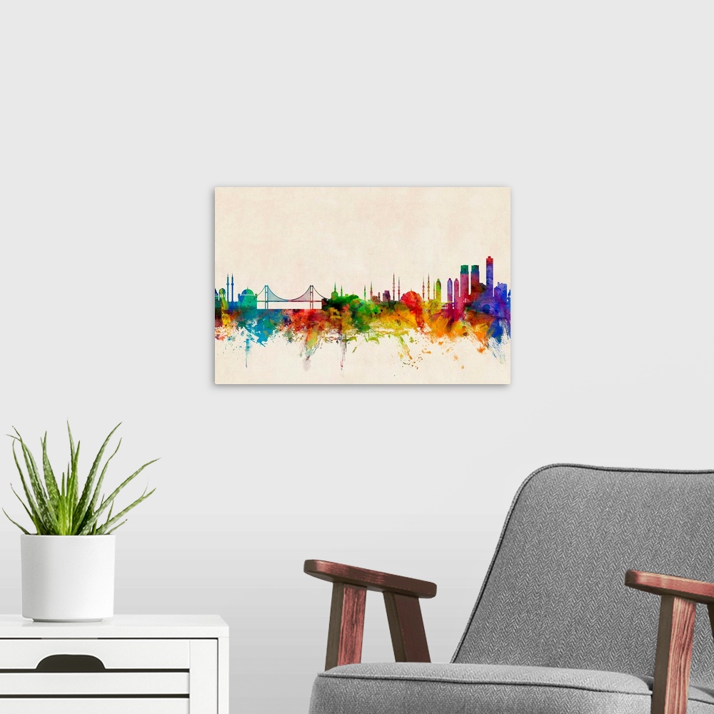 A modern room featuring Contemporary piece of artwork of the Istanbul skyline made of colorful paint splashes.
