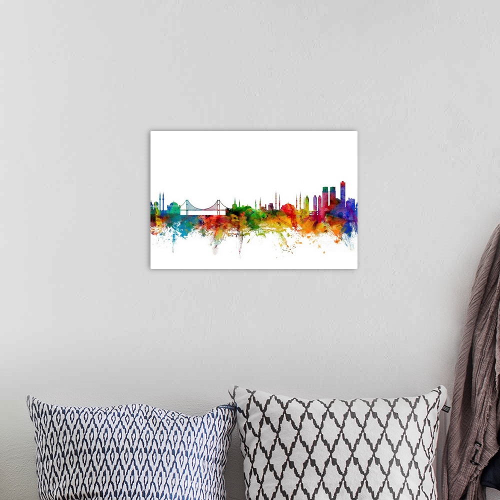 A bohemian room featuring Watercolor artwork of the Istanbul skyline against a white background.