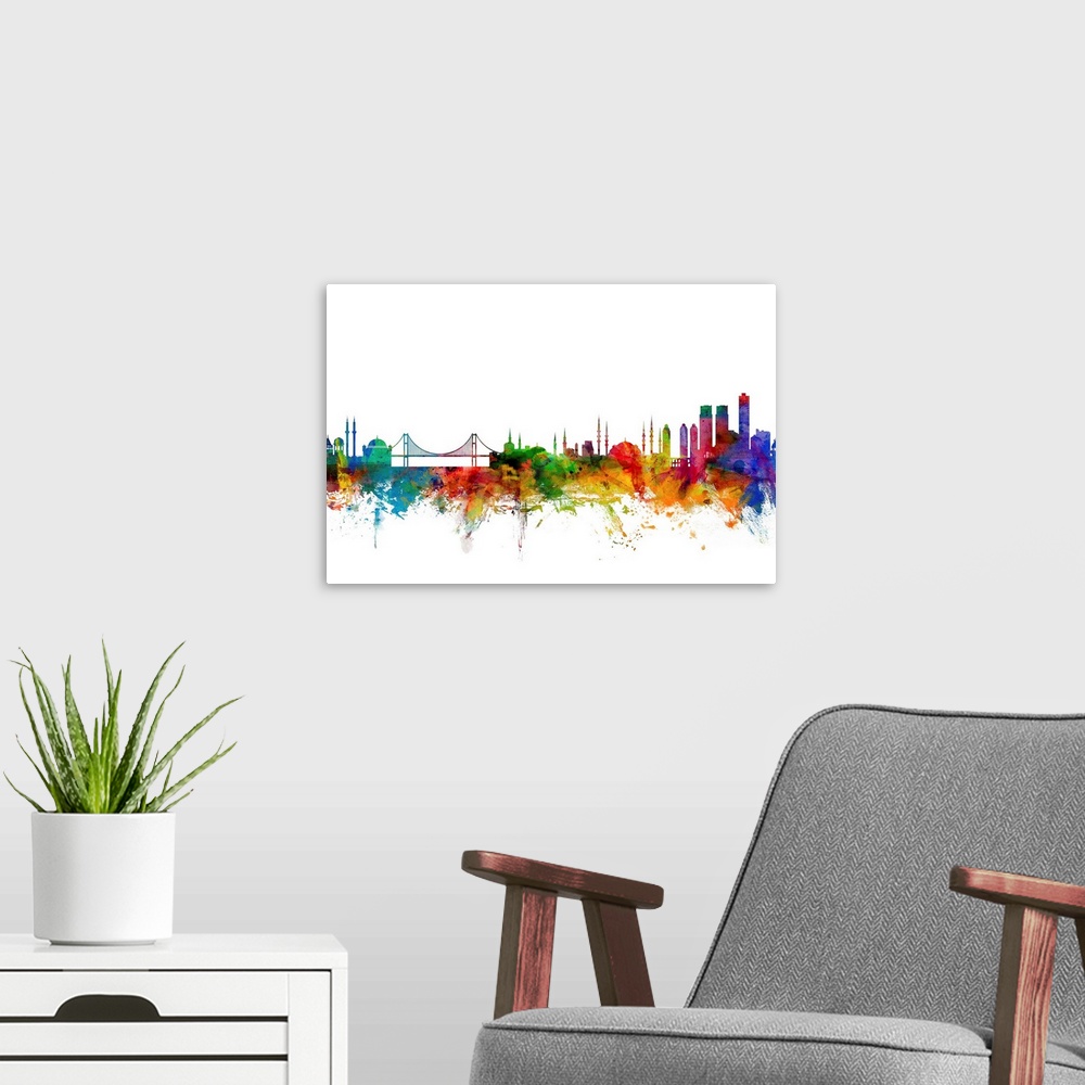 A modern room featuring Watercolor artwork of the Istanbul skyline against a white background.