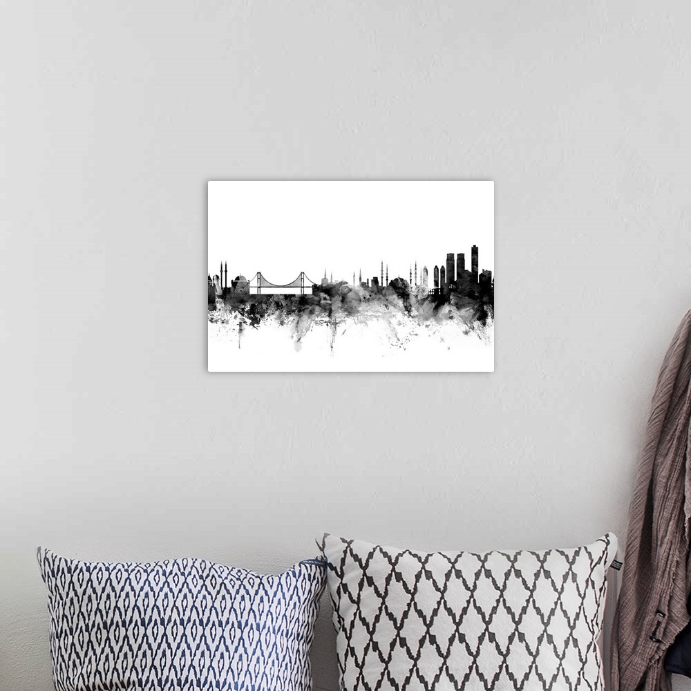 A bohemian room featuring Contemporary artwork of the Istanbul city skyline in black watercolor paint splashes.