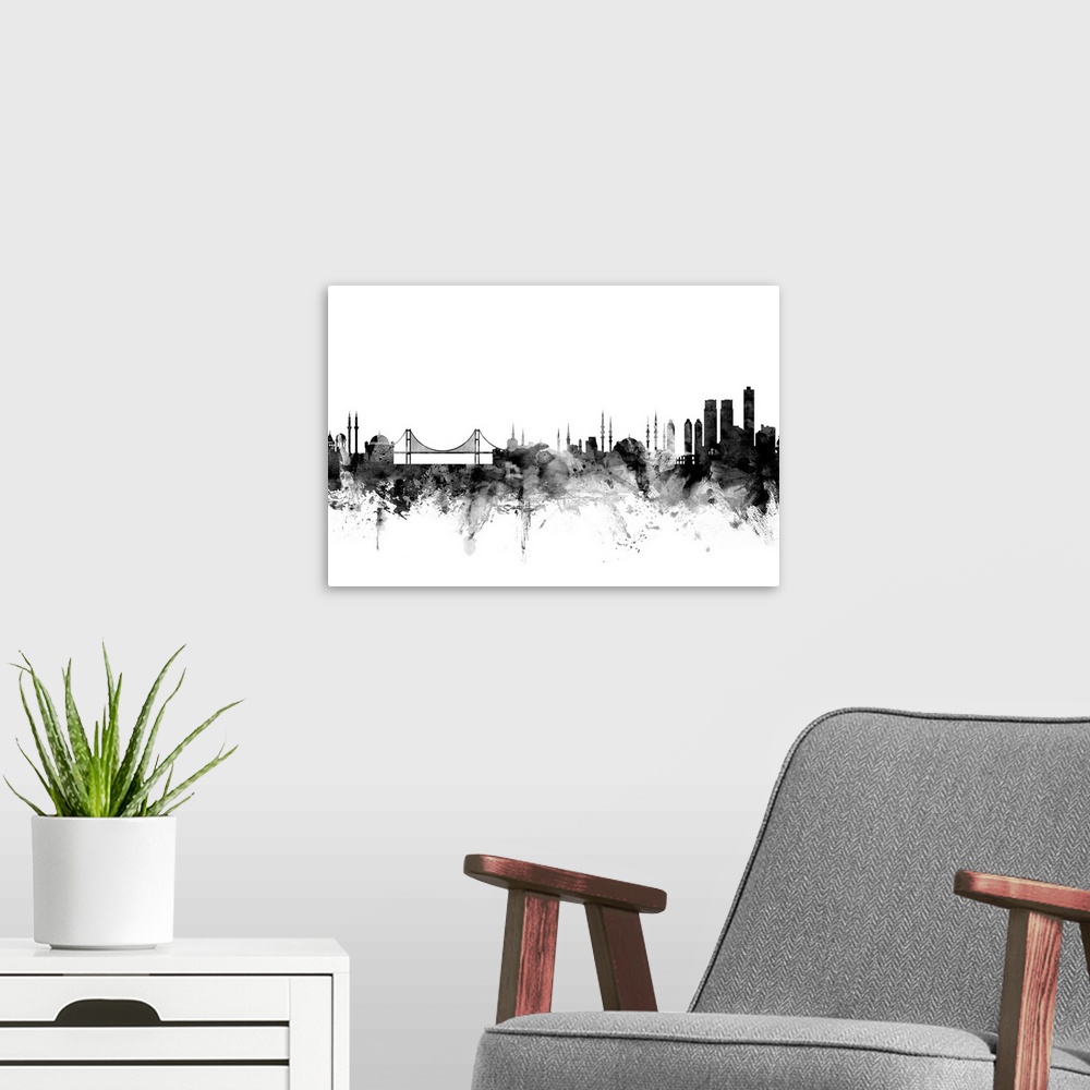 A modern room featuring Contemporary artwork of the Istanbul city skyline in black watercolor paint splashes.