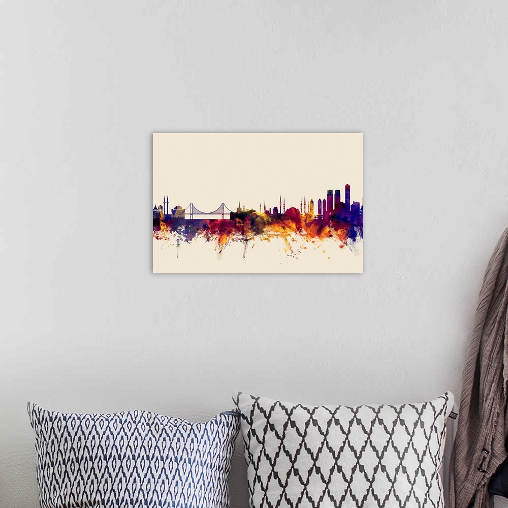 A bohemian room featuring Dark watercolor splattered silhouette of the Istanbul city skyline.