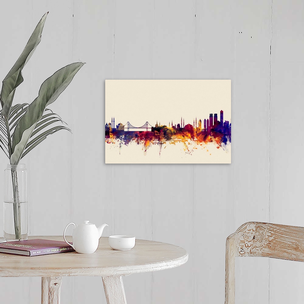 A farmhouse room featuring Dark watercolor splattered silhouette of the Istanbul city skyline.